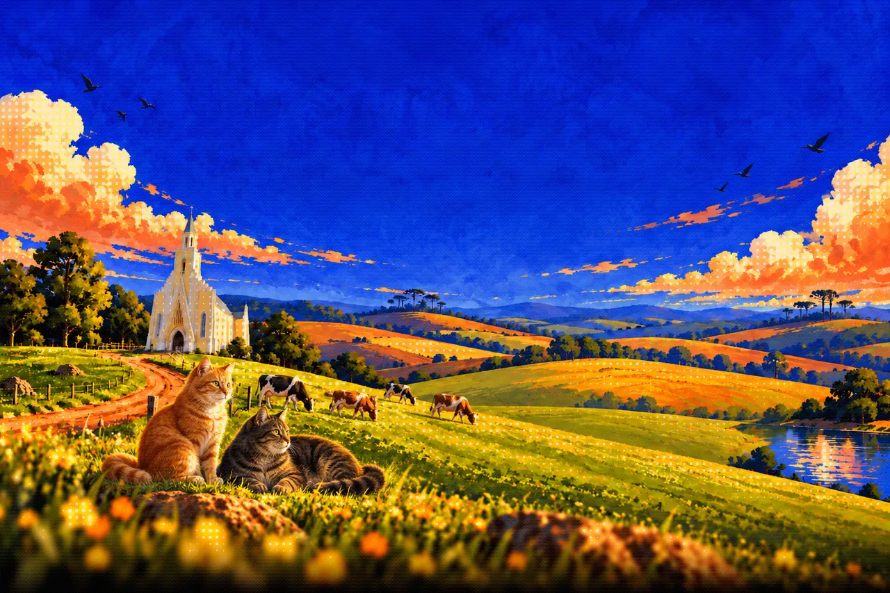 Ilustração pintada de fim de tarde em Sananduva: céu azul intenso com nuvens alaranjadas, a igreja matriz branca no alto de uma coxilha, araucárias no horizonte, vacas pastando, um açude à direita e dois gatos deitados no capim florido em primeiro plano.